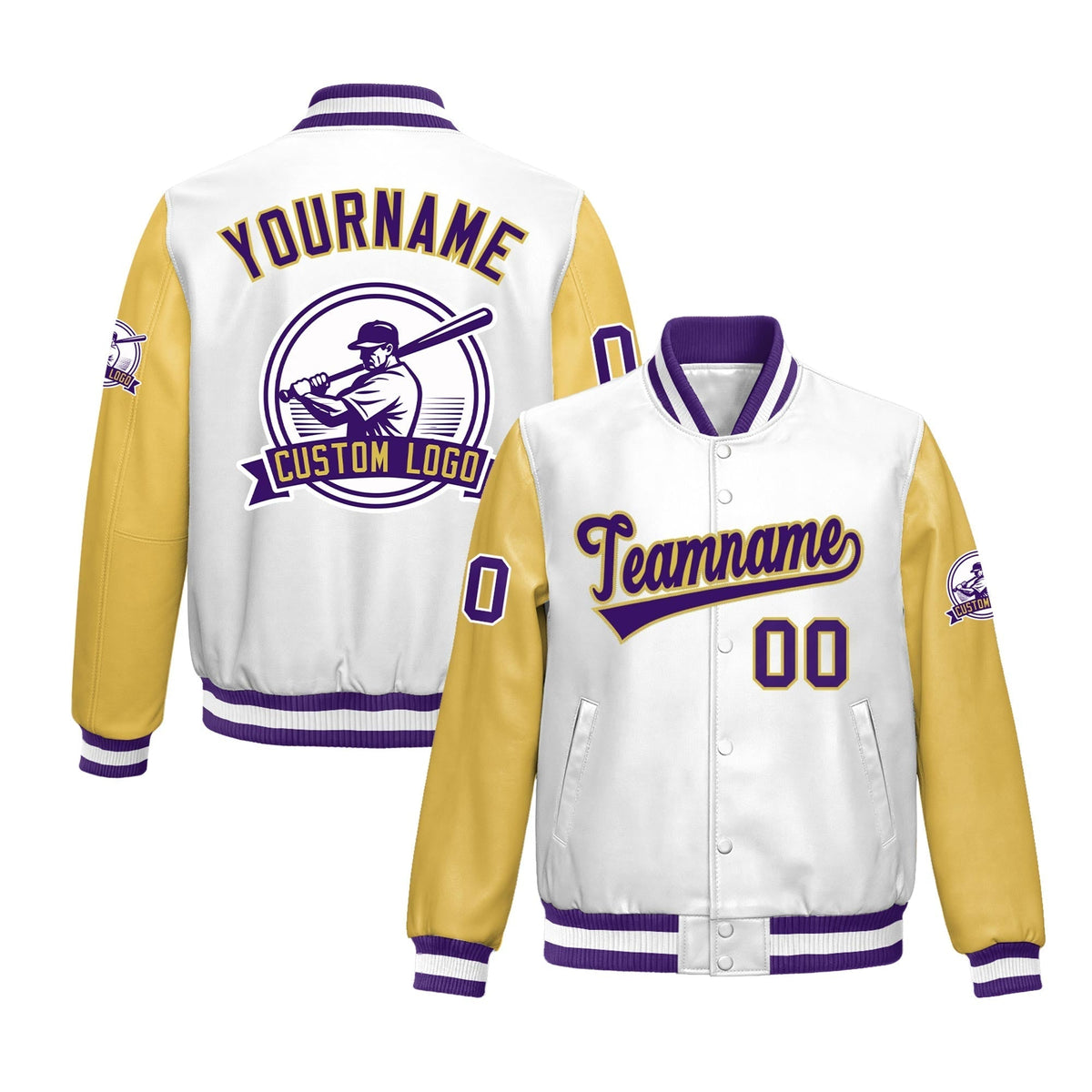 Custom Khaki Purple Raglan Sleeves Full-Snap Faux Leather Letterman Jacket| KXKSHOP