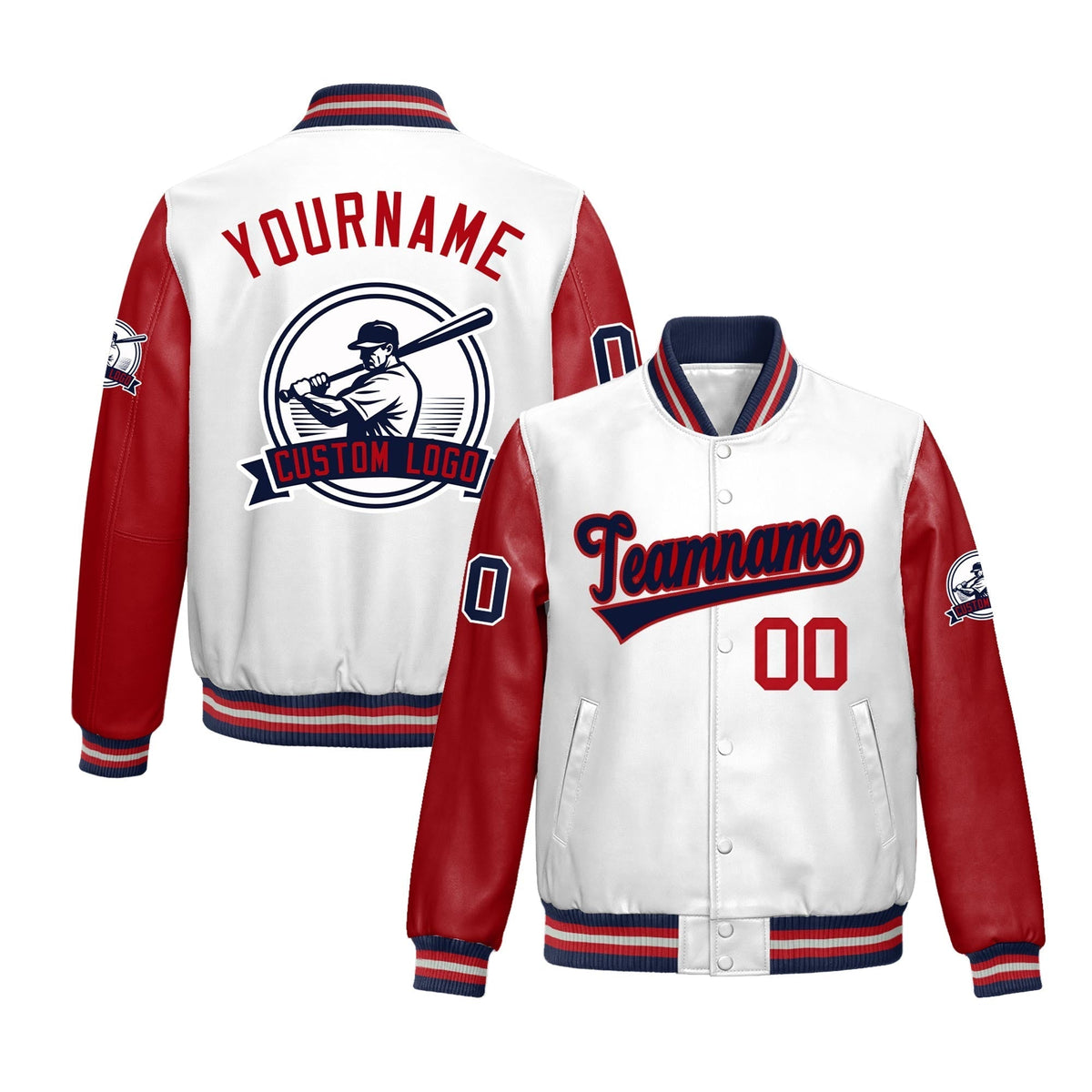 Custom Navy Red Raglan Sleeves Full-Snap Faux Leather Letterman Jacket| KXKSHOP