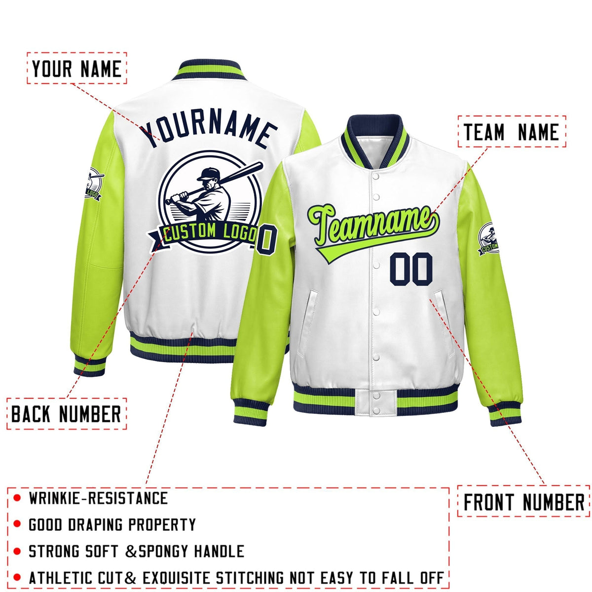 Custom Neon Green Navy Raglan Sleeves Full-Snap Faux Leather Letterman Jacket| KXKSHOP