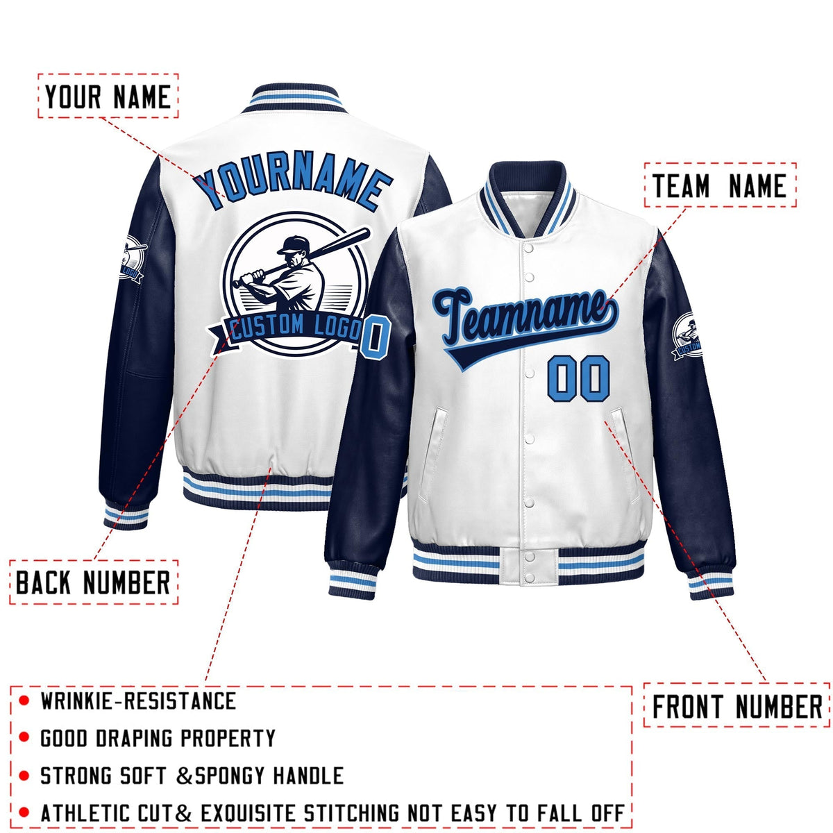 Custom Navy White Raglan Sleeves Full-Snap Faux Leather Letterman Jacket| KXKSHOP