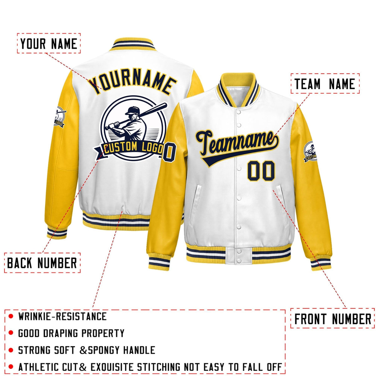 Custom Yellow White Raglan Sleeves Full-Snap Faux Leather Letterman Jacket| KXKSHOP