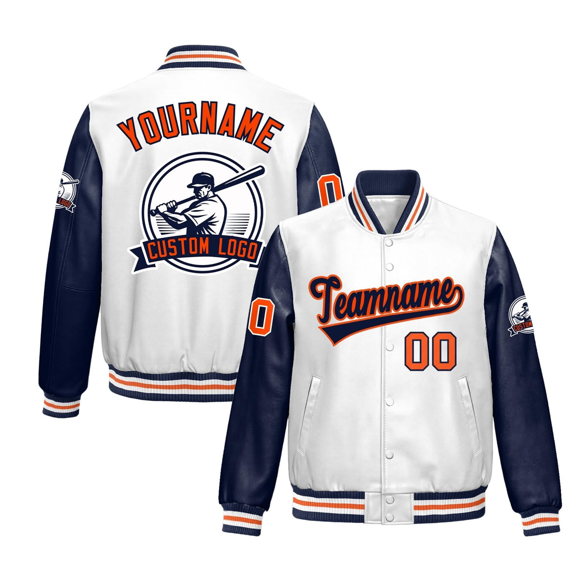 Custom Navy White Raglan Sleeves Full-Snap Faux Leather Letterman Jacket| KXKSHOP