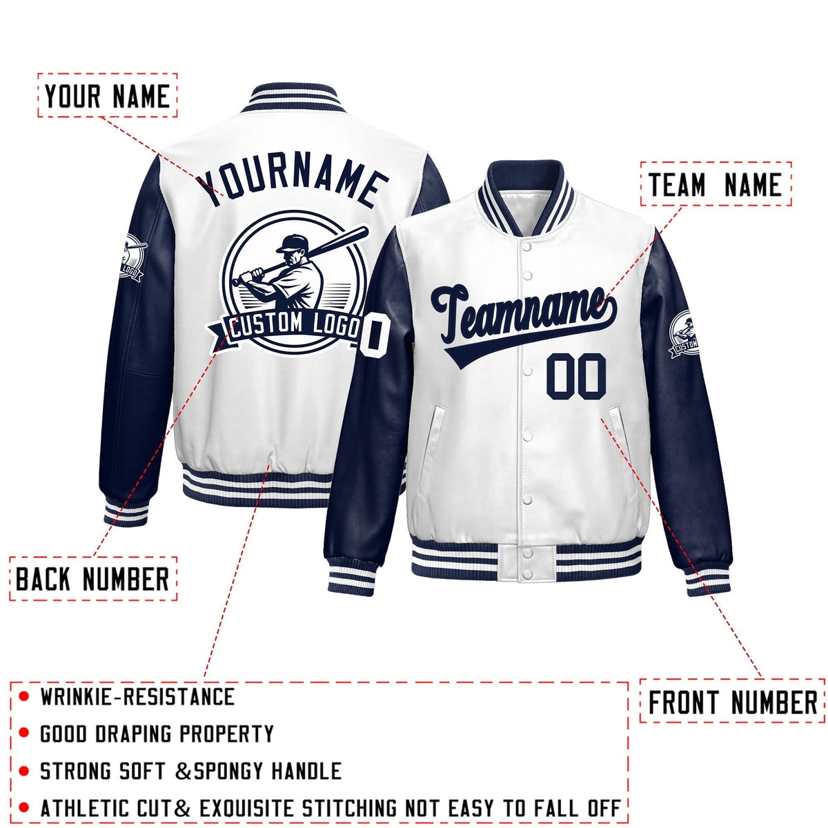 Custom Navy White Raglan Sleeves Full-Snap Faux Leather Letterman Jacket| KXKSHOP