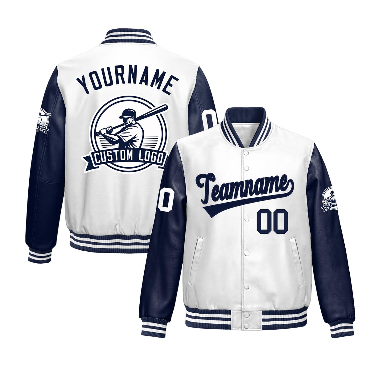 Custom Navy White Raglan Sleeves Full-Snap Faux Leather Letterman Jacket| KXKSHOP