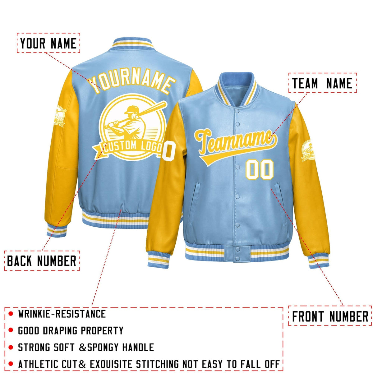 Custom Powder Blue Yellow Raglan Sleeves Full-Snap Faux Leather Letterman Jacket| KXKSHOP