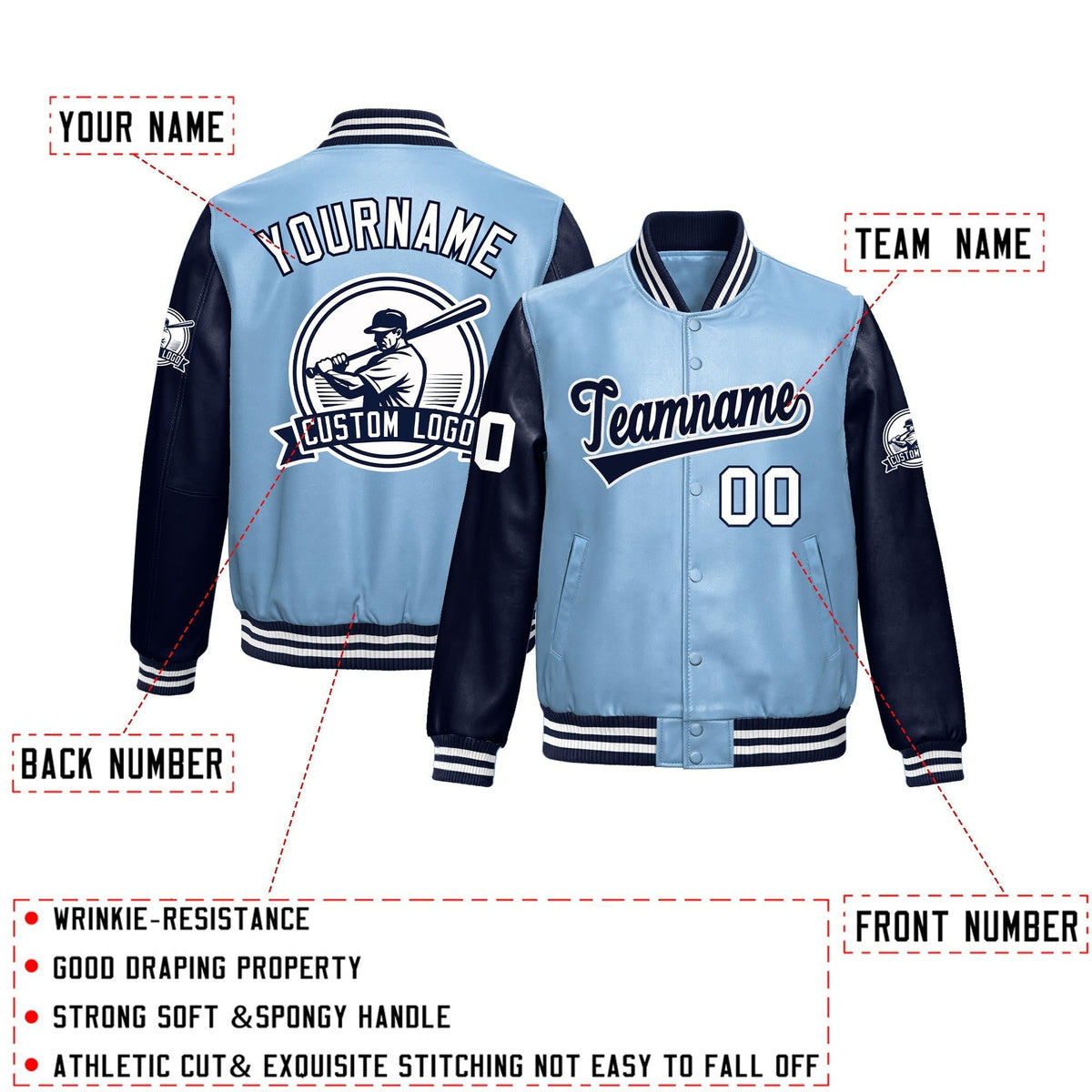 Custom Powder Blue Navy Raglan Sleeves Full-Snap Faux Leather Letterman Jacket| KXKSHOP