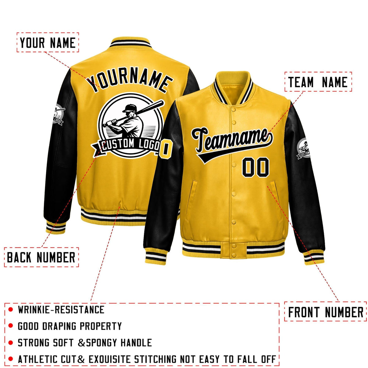 Custom Yellow Black Raglan Sleeves Full-Snap Faux Leather Letterman Jacket| KXKSHOP