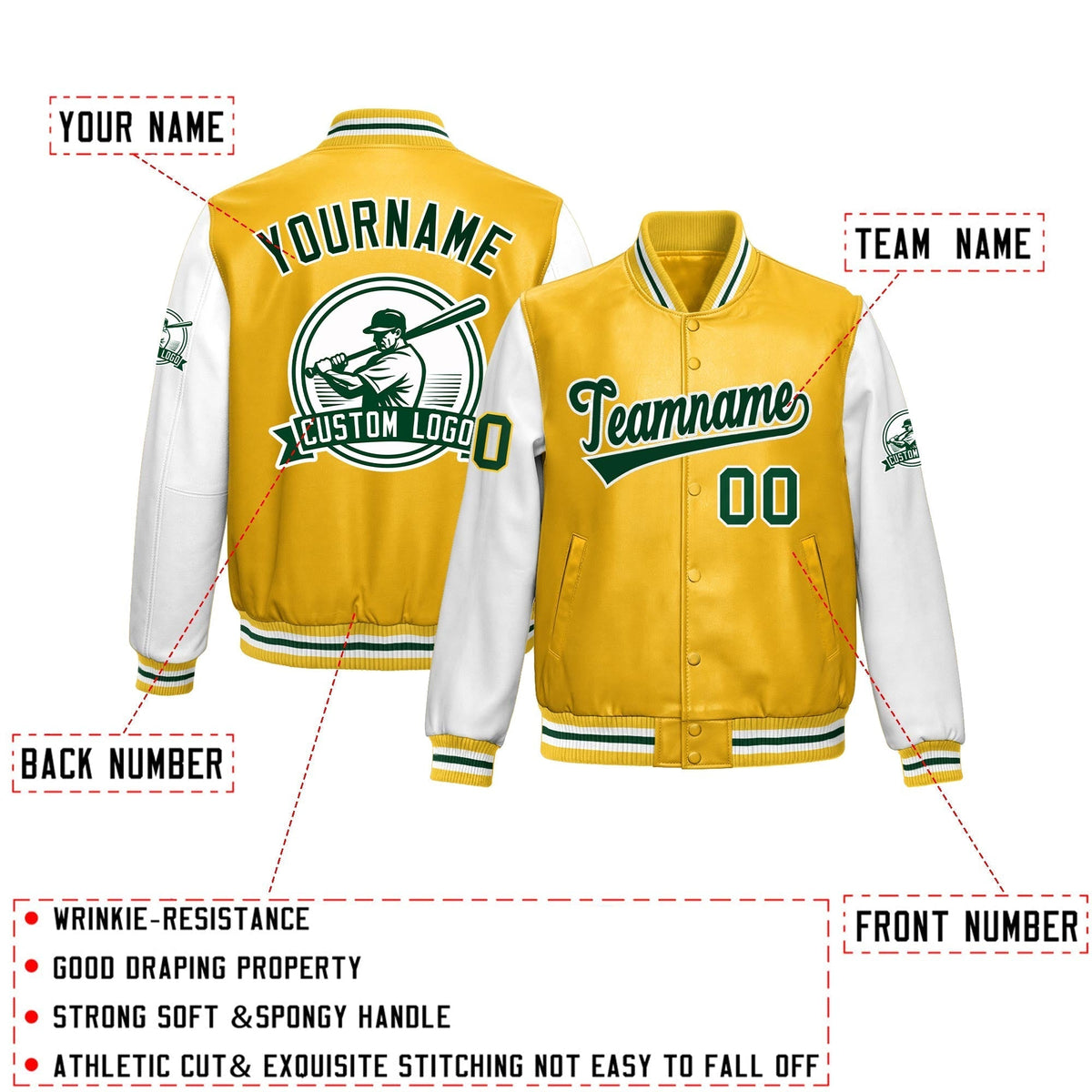 Custom Yellow White Raglan Sleeves Full-Snap Faux Leather Letterman Jacket| KXKSHOP