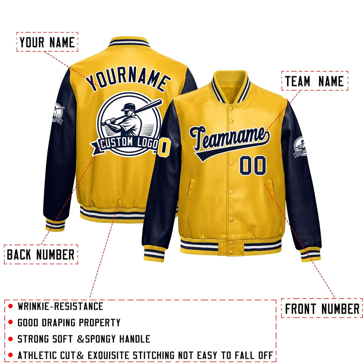 Custom Yellow Navy Raglan Sleeves Full-Snap Faux Leather Letterman Jacket| KXKSHOP