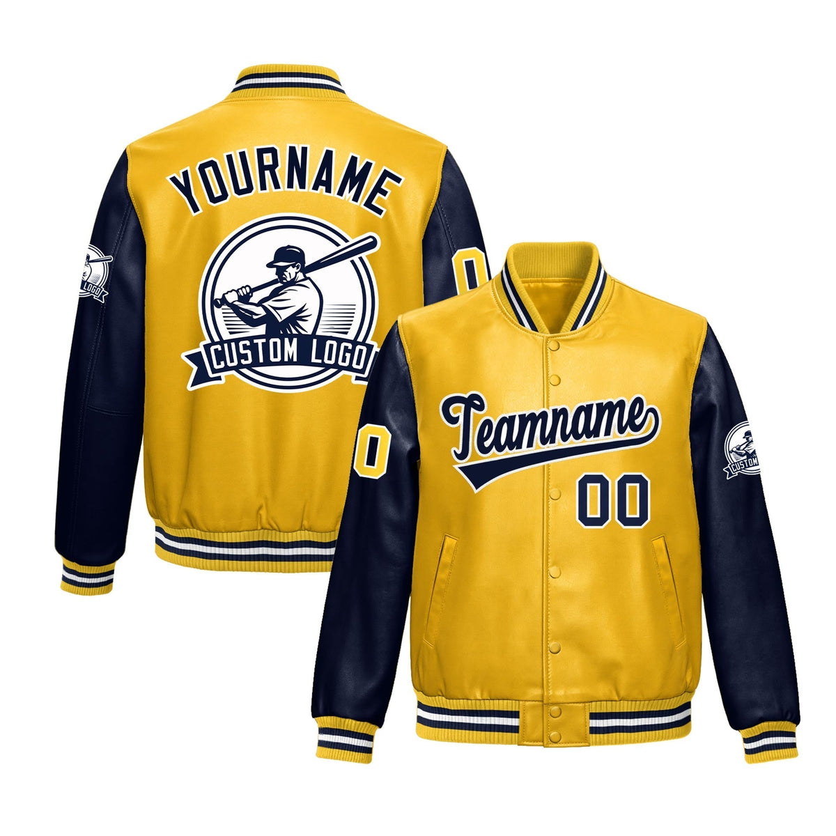 Custom Yellow Navy Raglan Sleeves Full-Snap Faux Leather Letterman Jacket| KXKSHOP