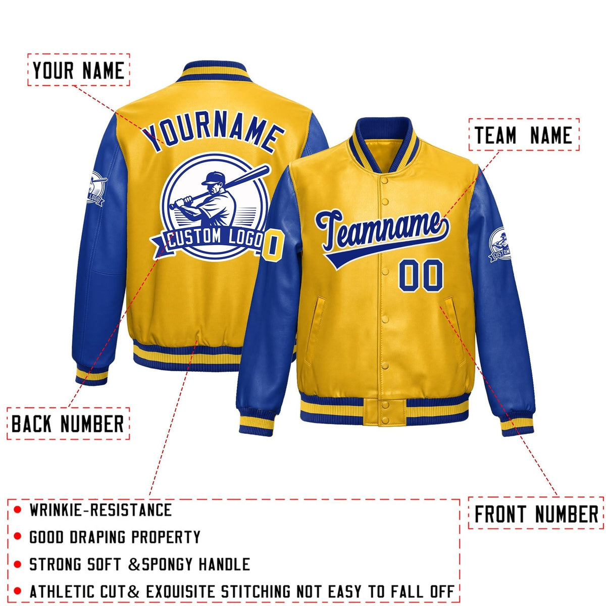 Custom Yellow Royal Blue Raglan Sleeves Full-Snap Faux Leather Letterman Jacket| KXKSHOP