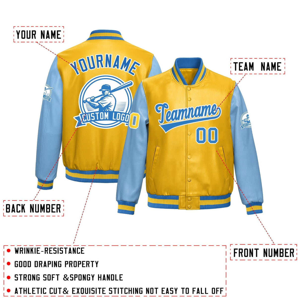 Custom Yellow Powder Blue Raglan Sleeves Full-Snap Faux Leather Letterman Jacket| KXKSHOP
