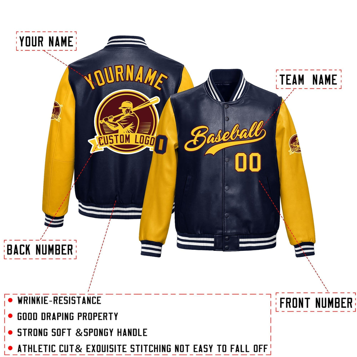 Custom Navy Yellow Raglan Sleeves Full-Snap Faux Leather Letterman Jacket| KXKSHOP