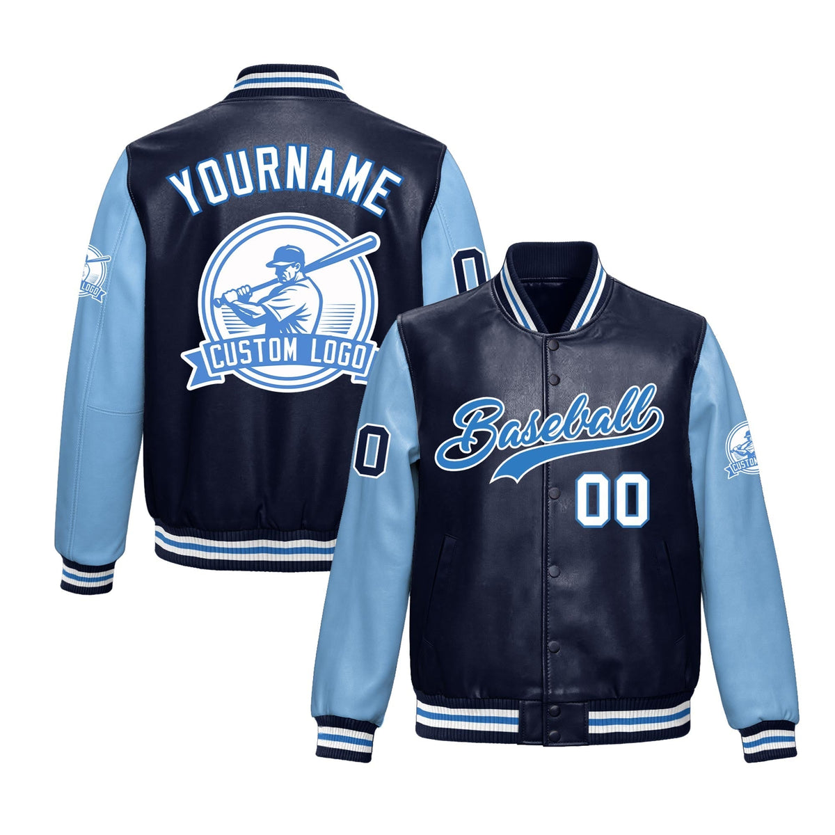 Custom Navy Powder Blue Raglan Sleeves Full-Snap Faux Leather Letterman Jacket| KXKSHOP