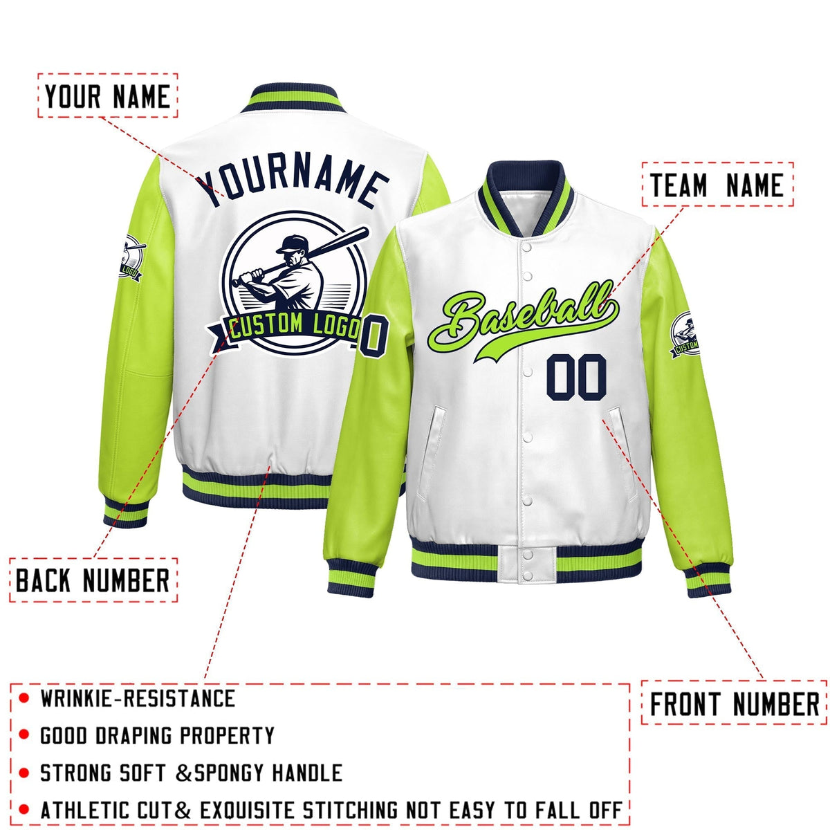 Custom Neon Green Navy Raglan Sleeves Full-Snap Faux Leather Letterman Jacket| KXKSHOP