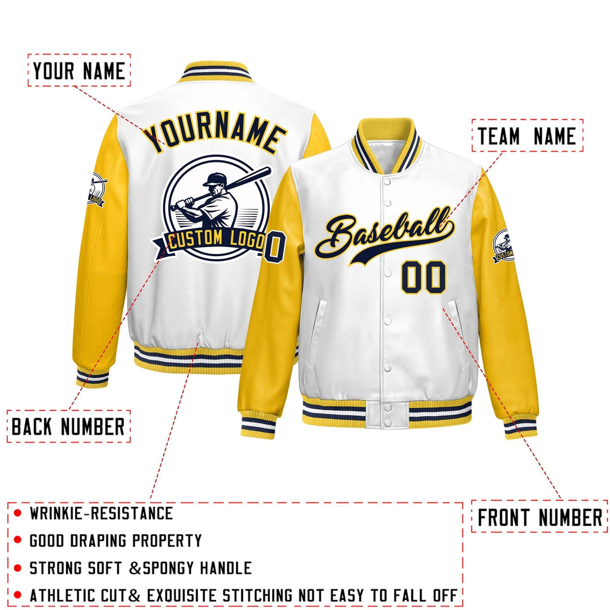 Custom Yellow White Raglan Sleeves Full-Snap Faux Leather Letterman Jacket| KXKSHOP