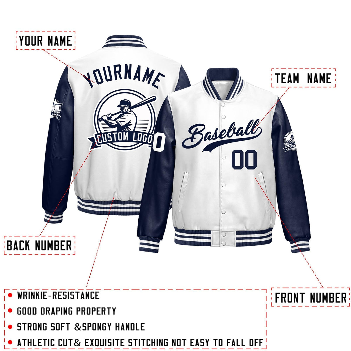Custom Navy White Raglan Sleeves Full-Snap Faux Leather Letterman Jacket| KXKSHOP