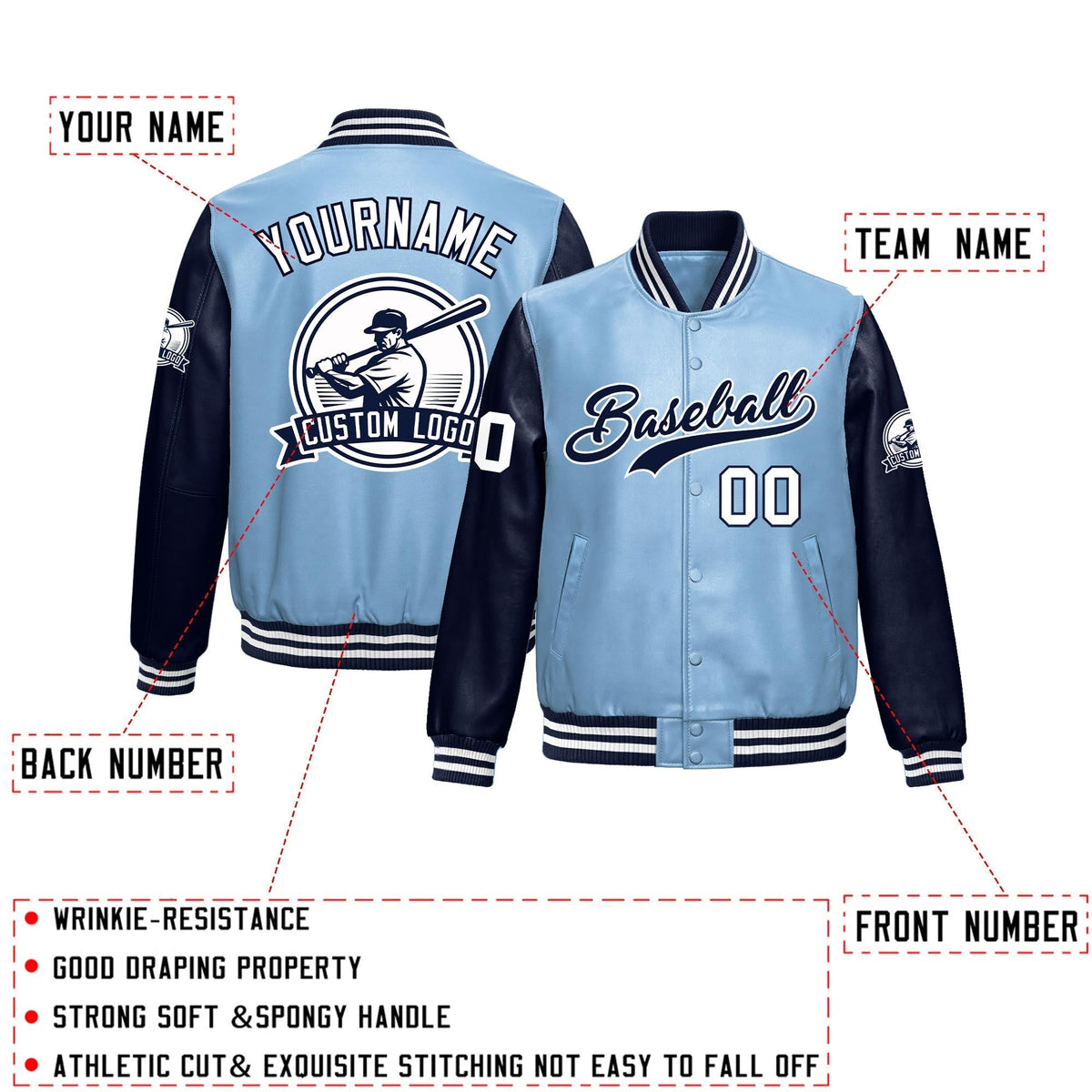 Custom Powder Blue Navy Raglan Sleeves Full-Snap Faux Leather Letterman Jacket| KXKSHOP