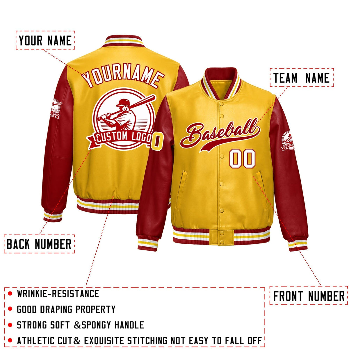 Custom Yellow Red Raglan Sleeves Full-Snap Faux Leather Letterman Jacket| KXKSHOP