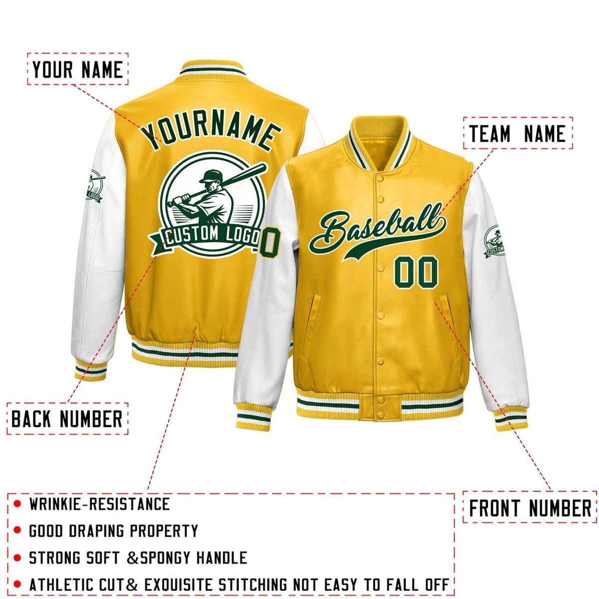 Custom Yellow White Raglan Sleeves Full-Snap Faux Leather Letterman Jacket| KXKSHOP