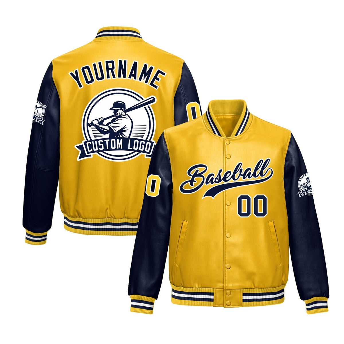 Custom Yellow Navy Raglan Sleeves Full-Snap Faux Leather Letterman Jacket| KXKSHOP