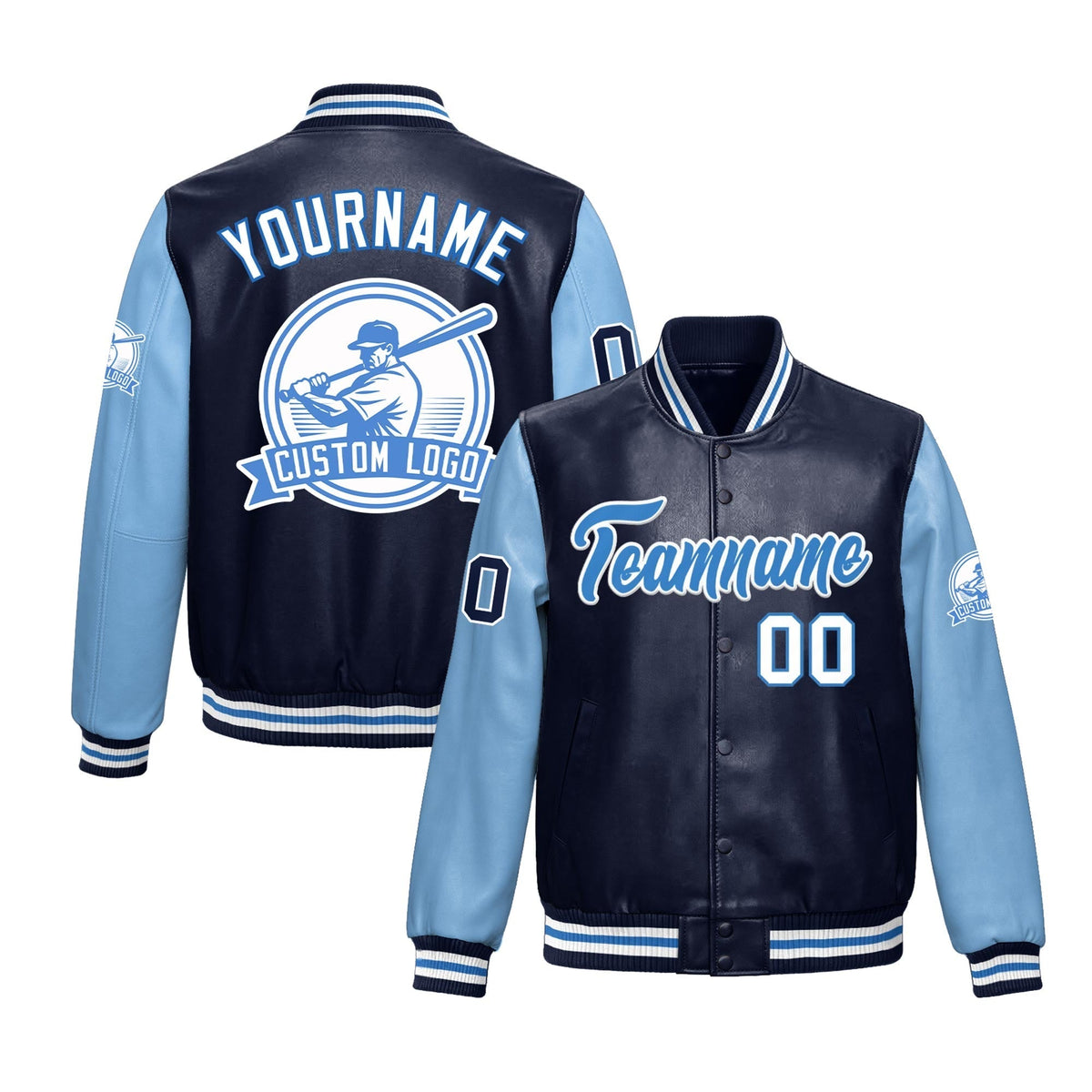Custom Navy Powder Blue Raglan Sleeves Full-Snap Faux Leather Letterman Jacket| KXKSHOP