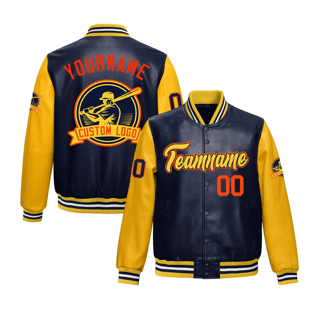 Custom Navy Yellow Raglan Sleeves Full-Snap Faux Leather Letterman Jacket| KXKSHOP