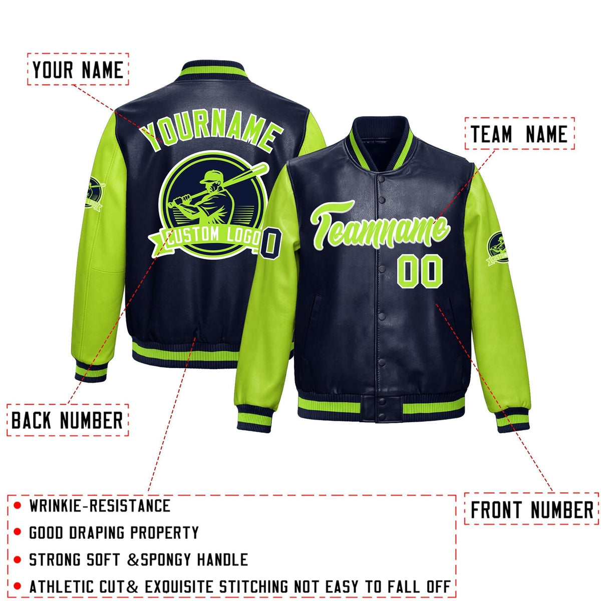 Custom Navy Neon Green Raglan Sleeves Full-Snap Faux Leather Letterman Jacket| KXKSHOP