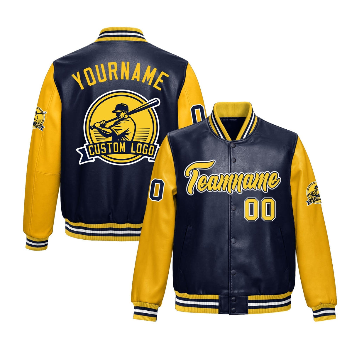 Custom Navy Yellow Raglan Sleeves Full-Snap Faux Leather Letterman Jacket| KXKSHOP