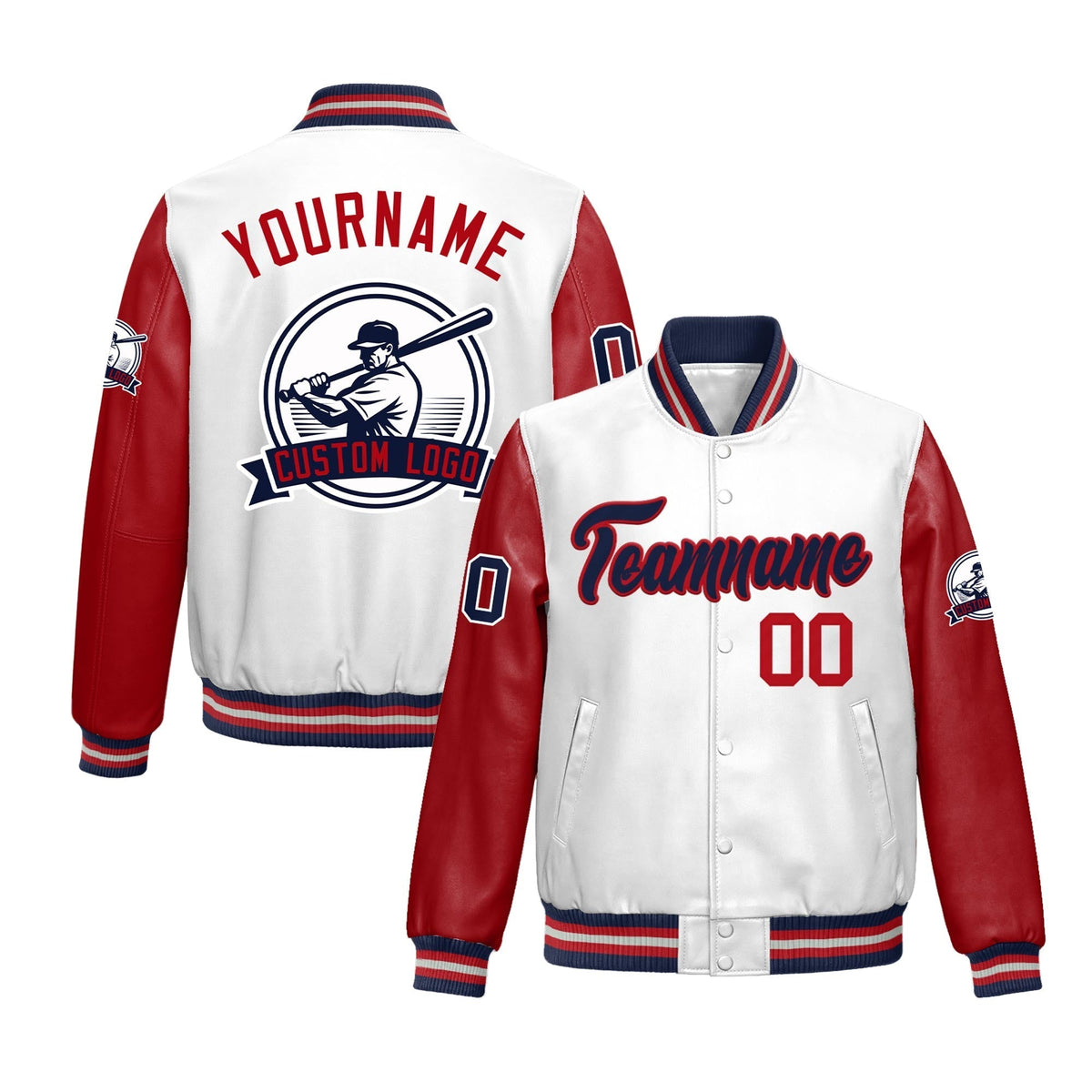 Custom Navy Red Raglan Sleeves Full-Snap Faux Leather Letterman Jacket| KXKSHOP