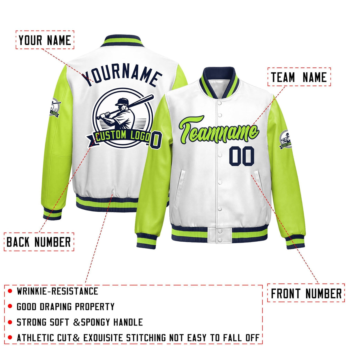 Custom Neon Green Navy Raglan Sleeves Full-Snap Faux Leather Letterman Jacket| KXKSHOP
