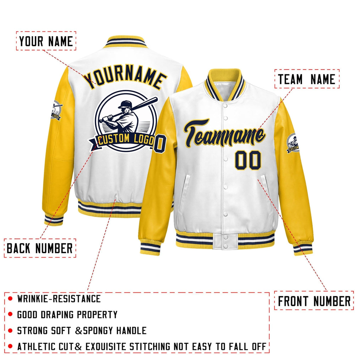 Custom Yellow White Raglan Sleeves Full-Snap Faux Leather Letterman Jacket| KXKSHOP