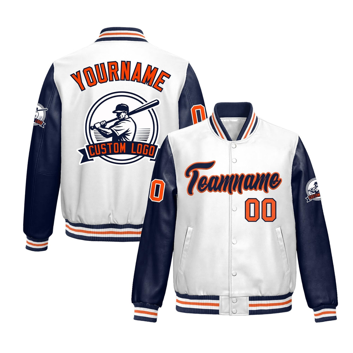 Custom Navy White Raglan Sleeves Full-Snap Faux Leather Letterman Jacket| KXKSHOP