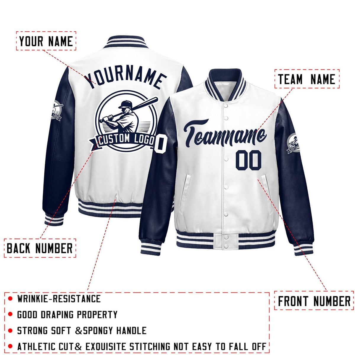 Custom Navy White Raglan Sleeves Full-Snap Faux Leather Letterman Jacket| KXKSHOP
