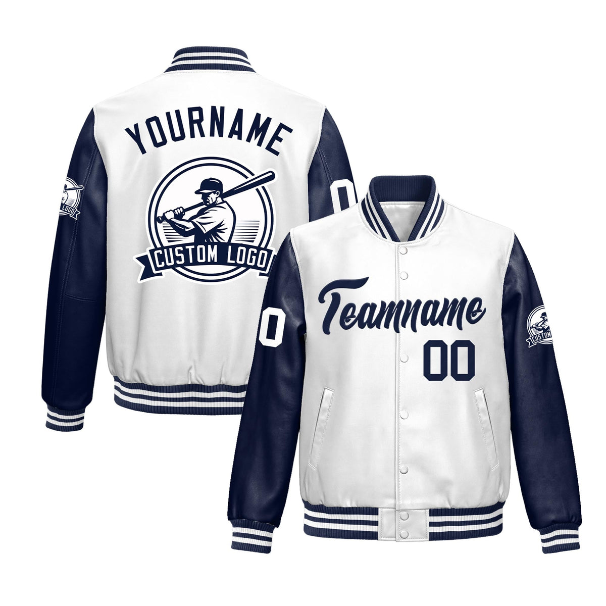 Custom Navy White Raglan Sleeves Full-Snap Faux Leather Letterman Jacket| KXKSHOP