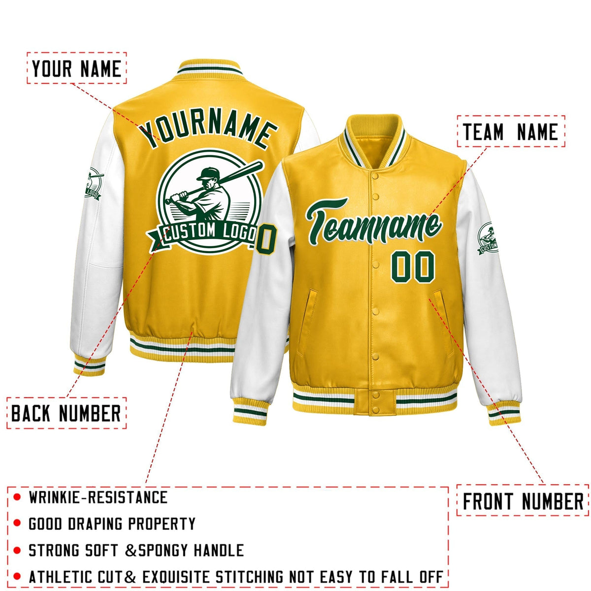 Custom Yellow White Raglan Sleeves Full-Snap Faux Leather Letterman Jacket| KXKSHOP