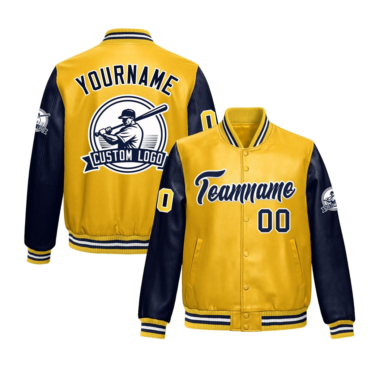 Custom Yellow Navy Raglan Sleeves Full-Snap Faux Leather Letterman Jacket| KXKSHOP