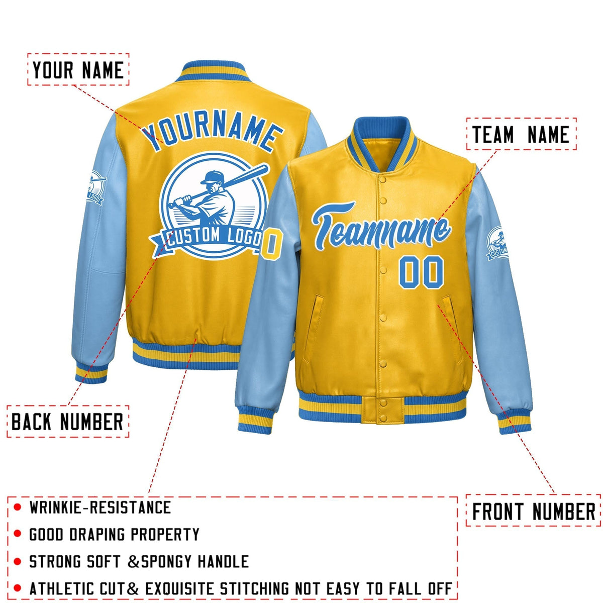Custom Yellow Powder Blue Raglan Sleeves Full-Snap Faux Leather Letterman Jacket| KXKSHOP