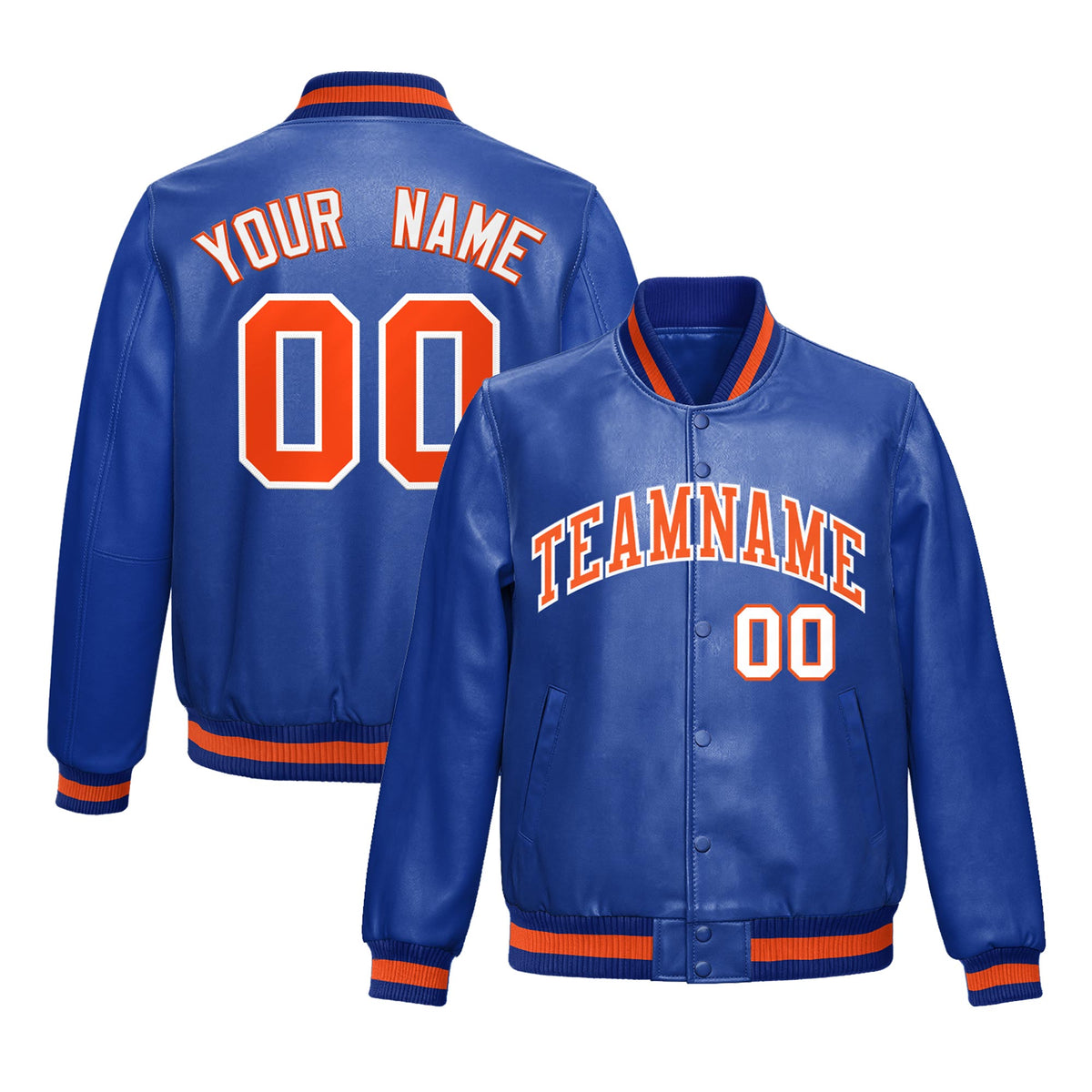 Custom Royal Blue Orange Full-Snap Varsity Faux Leather Letterman Jacket| KXKSHOP