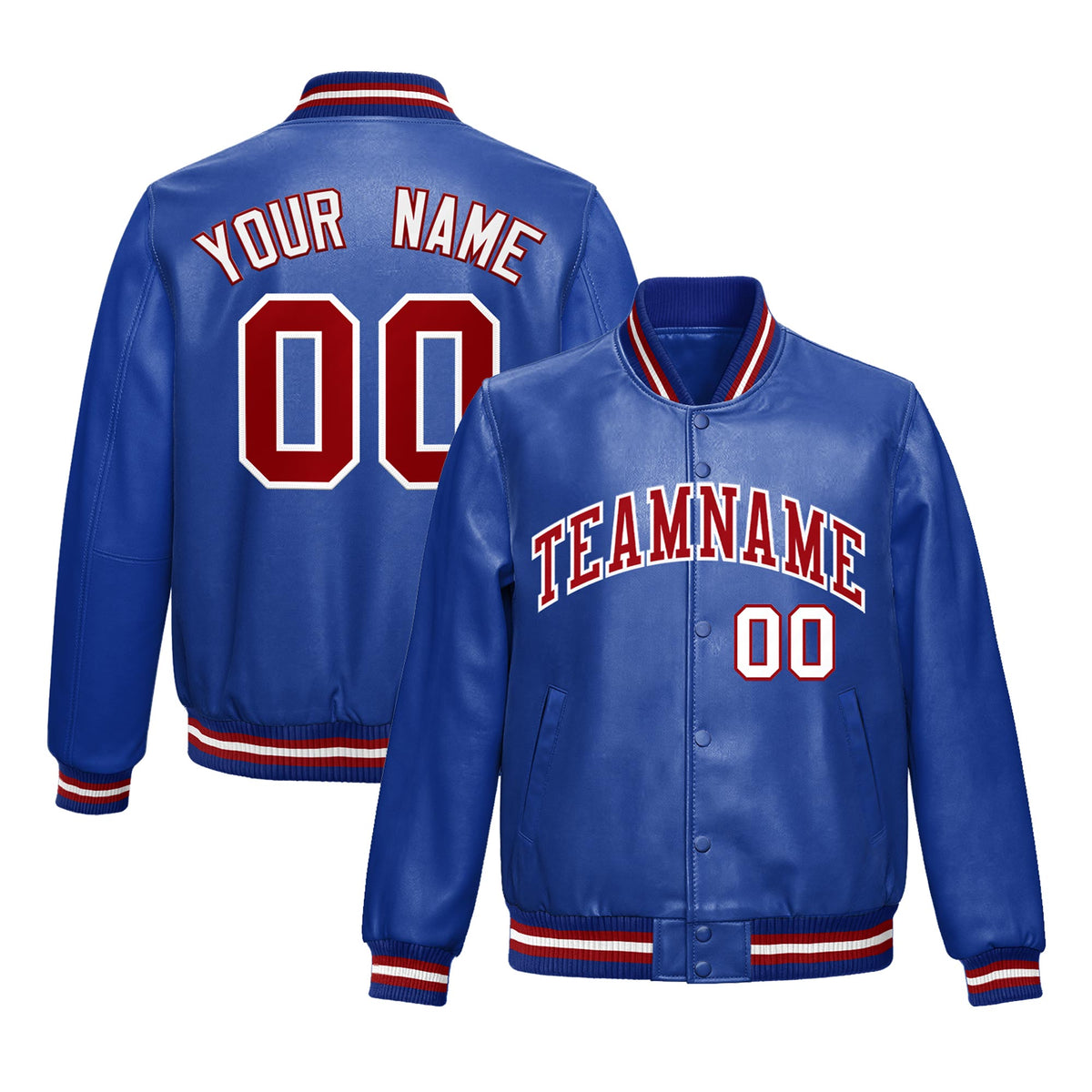 Custom Royal Blue Red White Full-Snap Varsity Faux Leather Letterman Jacket| KXKSHOP
