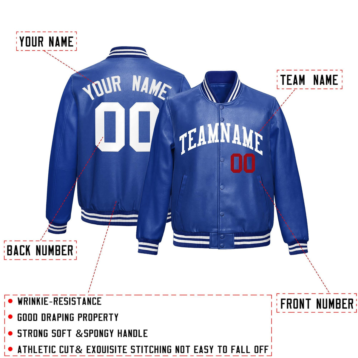 Custom Royal Blue White Full-Snap Varsity Faux Leather Letterman Jacket| KXKSHOP