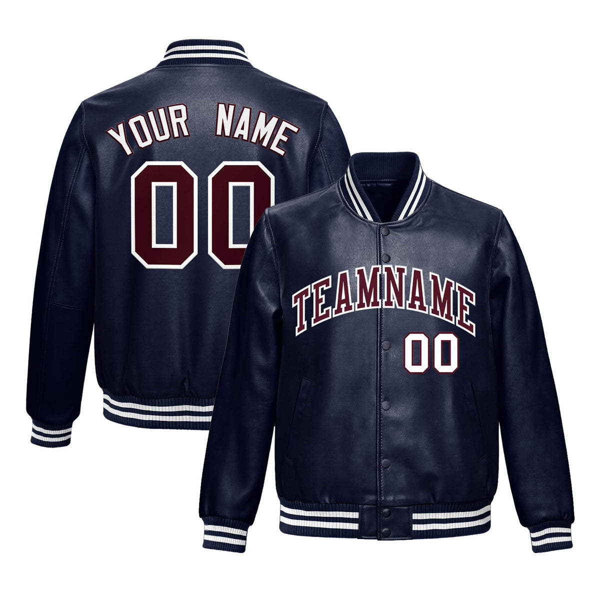 Custom Navy Crimson Full-Snap Varsity Faux Leather Letterman Jacket| KXKSHOP