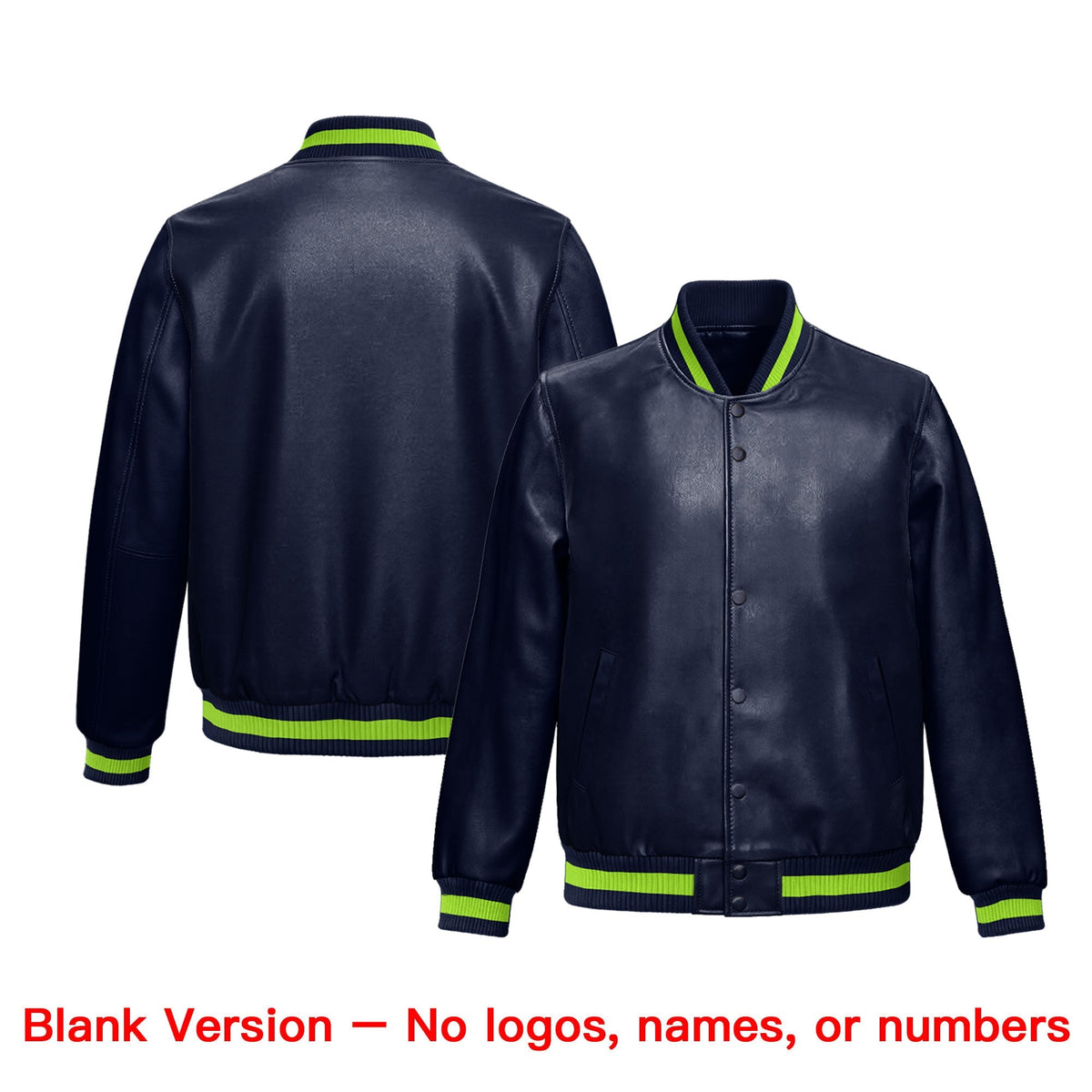 Custom Navy Neon Green Full-Snap Varsity Faux Leather Letterman Jacket| KXKSHOP
