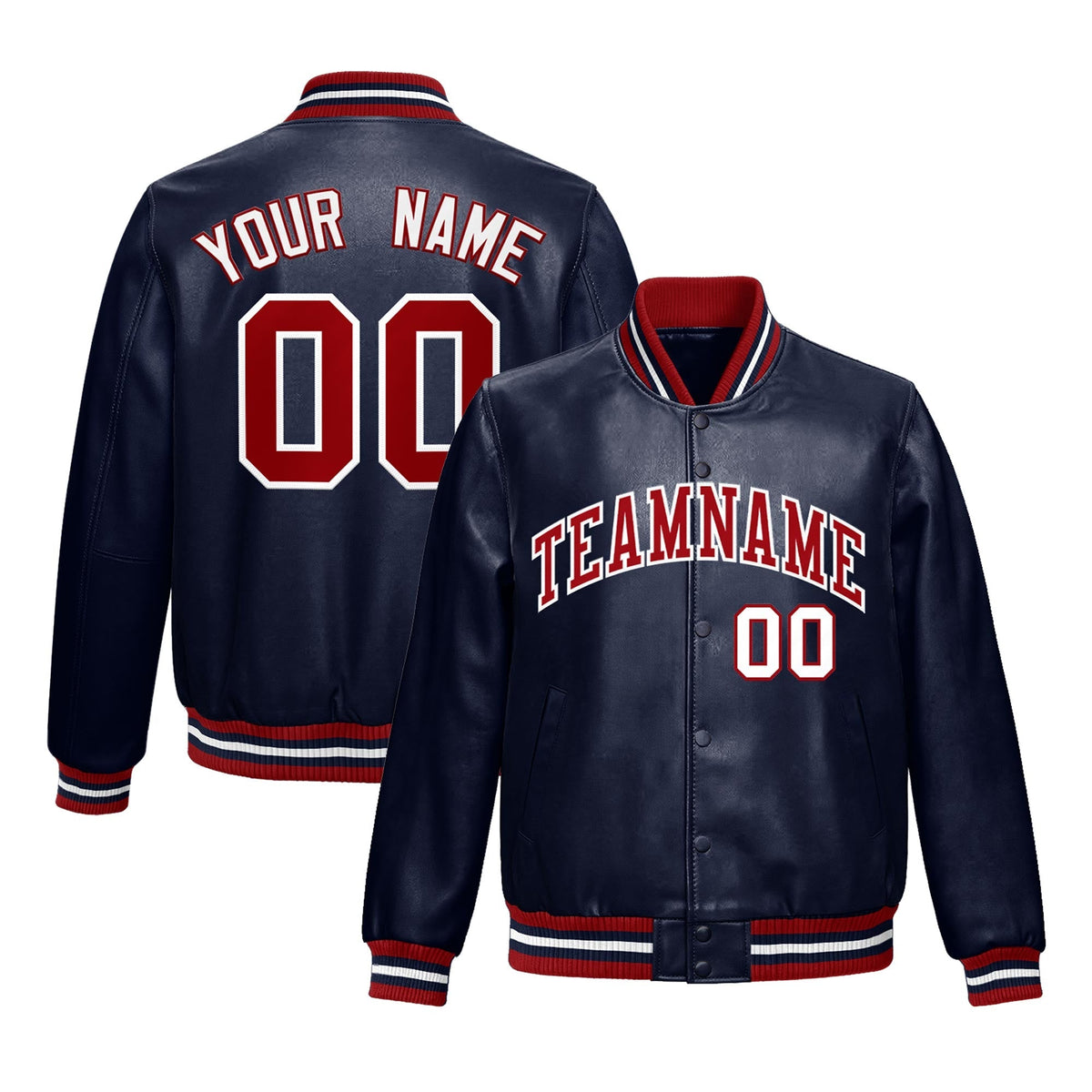 Custom Navy Red Full-Snap Varsity Faux Leather Letterman Jacket| KXKSHOP