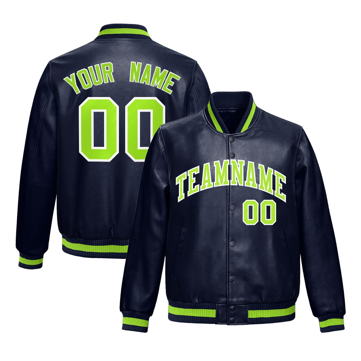 Custom Navy Neon Green White Full-Snap Varsity Faux Leather Letterman Jacket| KXKSHOP