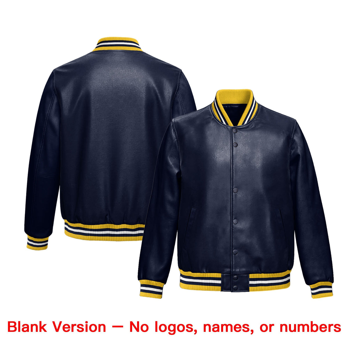 Custom Navy Yellow Full-Snap Varsity Faux Leather Letterman Jacket| KXKSHOP
