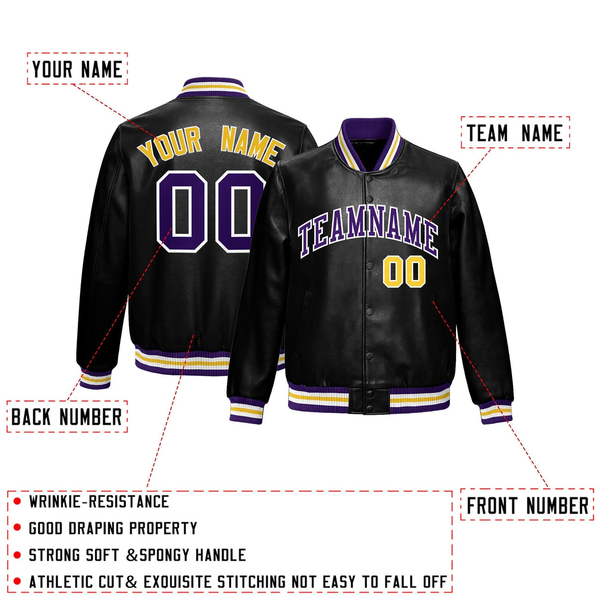 Custom Black Purple Gold Full-Snap Varsity Faux Leather Letterman Jacket| KXKSHOP