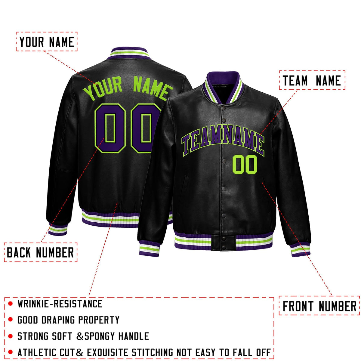Custom Black Purple Full-Snap Varsity Faux Leather Letterman Jacket| KXKSHOP