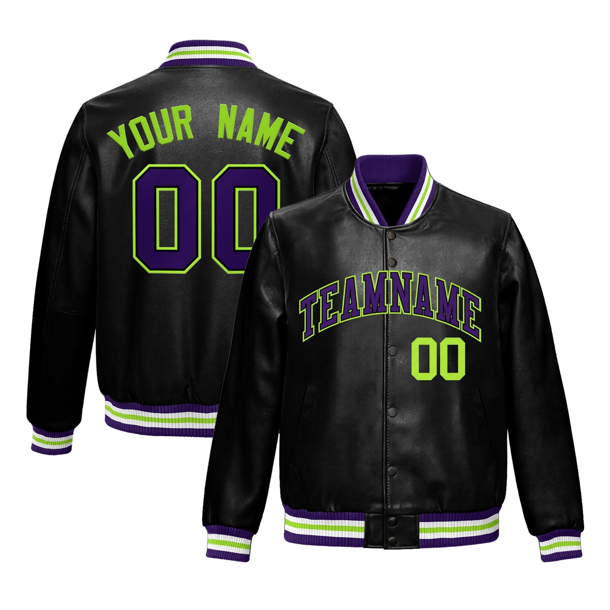 Custom Black Purple Full-Snap Varsity Faux Leather Letterman Jacket| KXKSHOP