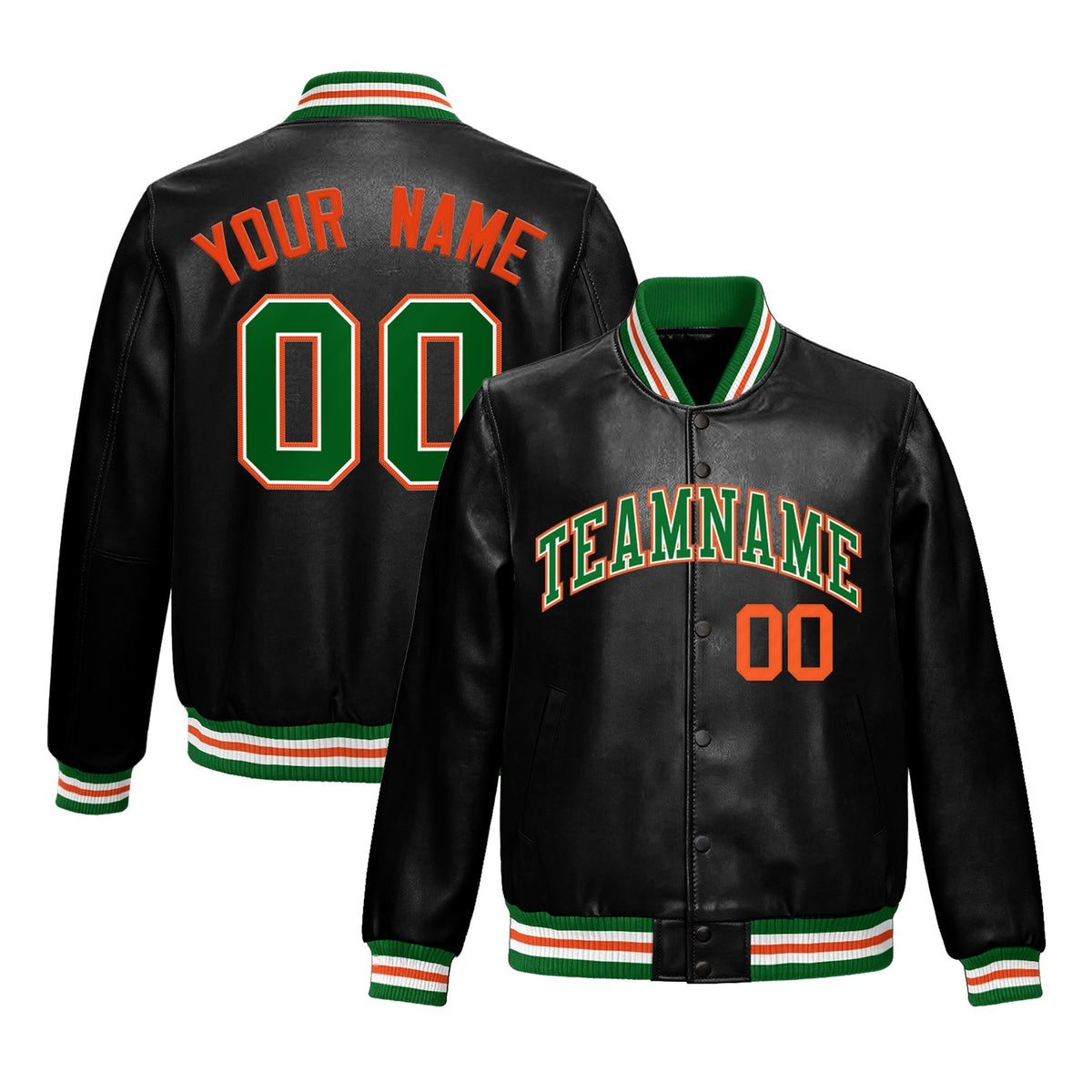 Custom Black Kelly Green Full-Snap Varsity Faux Leather Letterman Jacket| KXKSHOP